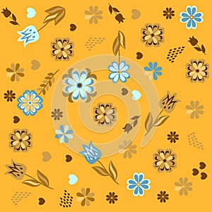 Variegated endless natural ornament on ocher background. Drawn flowers, leaves, hearts. Beautiful fashionable print for fabric
