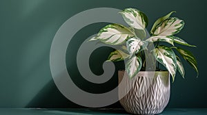 Variegated Houseplant in Decorative Pot Against Green Wall