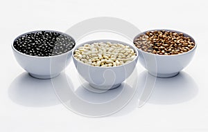Varieties of beans in bowls, white background photo