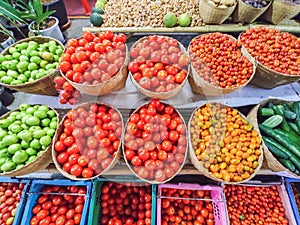 Varieties of fresh organic tomatoes in basket at the market