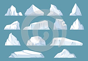 Varieties icebergs set. Geometric floating shape of ice in arctic ocean massive white surface with underwater hazard