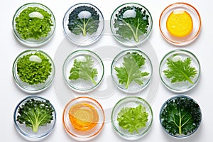Varieties of lettuce samples in laboratory daylit glassware, plant genetics and breeding