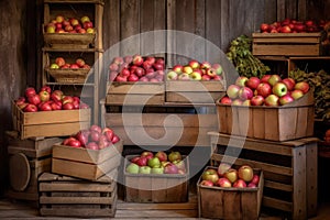 variety of apples displayed in rustic wooden crates