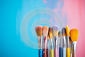 A variety of artist paint brushes laid out on a vibrant background, in art class extracurricular hobby at school or