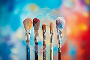 A variety of artist paint brushes laid out on a vibrant background, in art class extracurricular hobby at school or