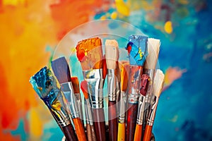 A variety of artist paint brushes laid out on a vibrant background, in art class extracurricular hobby at school or