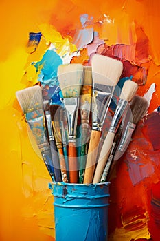 A variety of artist paint brushes laid out on a vibrant background, in art class extracurricular hobby at school or