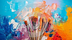 A variety of artist paint brushes laid out on a vibrant background, in art class extracurricular hobby at school or