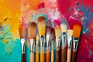 A variety of artist paint brushes laid out on a vibrant background, in art class extracurricular hobby at school or