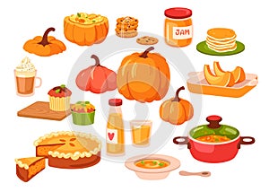 Variety assortment of pumpkin food thanksgiving dish for autumn holiday party celebration set