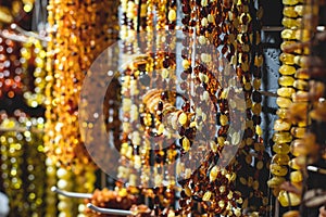 Variety assortment of souvenirs made of amber, traditional tourist souvenirs and gifts from Kaliningrad, Russia, in local vendor