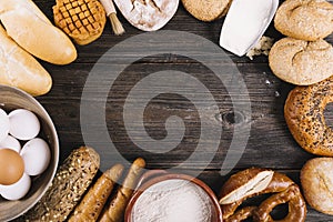 variety baked breads table with space text. High quality photo