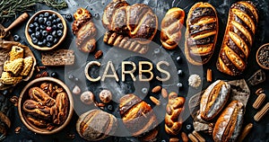 Variety of baked goods rich in carbohydrates arranged around the bold text CARBS, highlighting the concept of carb-rich diet