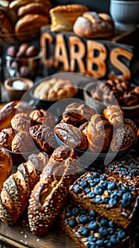 Variety of baked goods rich in carbohydrates arranged around the bold text CARBS, highlighting the concept of carb-rich diet