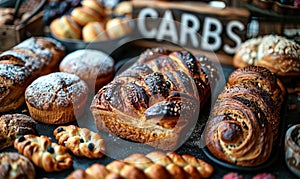 Variety of baked goods rich in carbohydrates arranged around the bold text CARBS, highlighting the concept of carb-rich diet