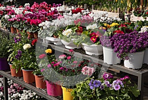 Variety of beautiful spring flowering plants potted outdoor of the greek garden shop in spring