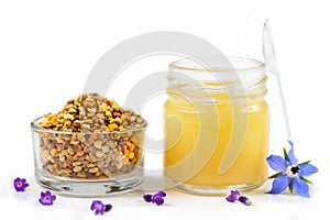 A variety of bee products. Honey, pollen, royal jelly, Apitherapy. Healthy products made by bees.