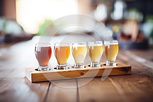 variety of beer flights on a wooden table