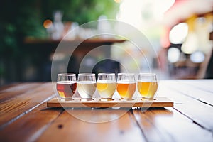 variety of beer flights on a wooden table