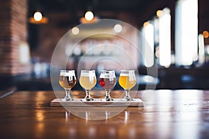 variety of beer flights on a wooden table