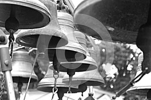 Bells close up in black and white.