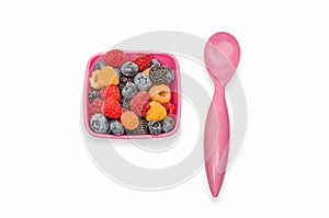 Variety of Berries in Pink Bowl and Spoon