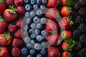 Variety of berries, strawberries, blueberries, raspberries, and blackberries, displayed in a visually appealing layout.
