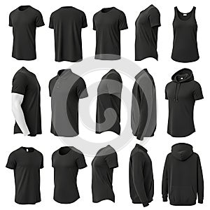Variety of black t-shirts and tops displayed from front and back views for comparison