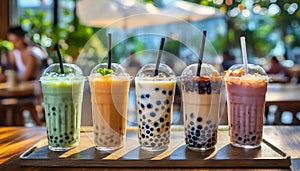 Variety of boba bubble tea with straws on table in cafe