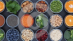 A variety of bowls filled with different types of fruits and vegetables, AI