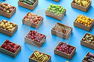 Variety Of Boxes Full Of Fruits And Vegetables on Blue Background. Concept Of Fresh And Healthy Eating. 3d Rendering.
