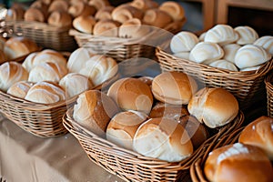 variety of bread rolls in baskets on buffet table