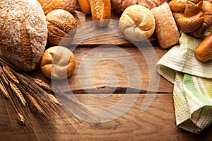 Variety of Bread on wooden table