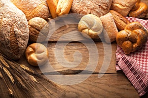 Variety of Bread on wooden table