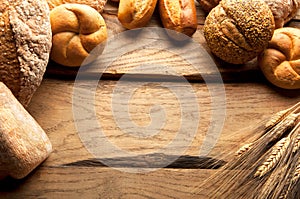 Variety of Bread on wooden table