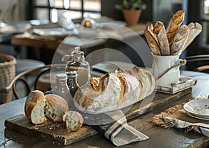 Variety of breads and bottles of olive oil