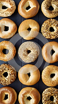 Variety of breakfast bagels arranged beautifully in flat lay photo