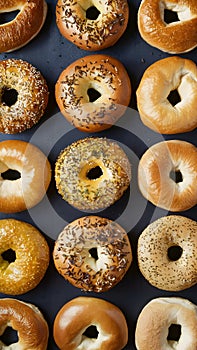 Variety of breakfast bagels arranged beautifully in flat lay photo