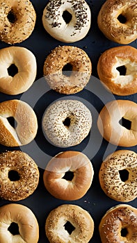 Variety of breakfast bagels arranged beautifully in flat lay photo