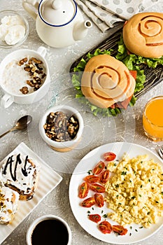 A rich and varied breakfast. Flat lay.