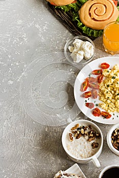 A rich and varied breakfast. Flat lay.