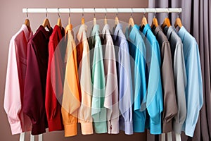 A variety of bright shirts in rainbow colors on hangers in a clothing store.