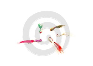 Variety of bucktail Jig heads lure with hydrodynamic head, oversized painted eyes and deer hair isolated