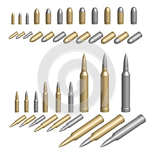 Variety of bullets illustrated in brass silver or steel casings