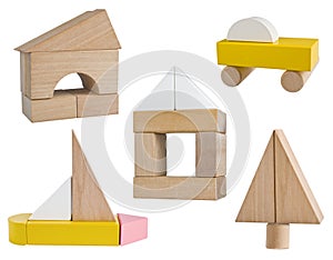 Variety of business symbols build from wooden toy blocks