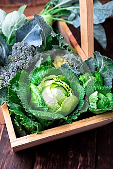 Variety of cabbages in wooden basket on brown background. Harvest. Close up.