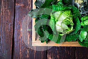 Variety of cabbages in wooden basket on brown background. Harvest. Top view.