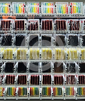 Variety of cake slices in a vending machine