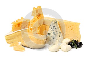 Variety of cheese isolated on white background. Different sorts of cheese.