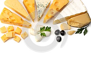 Variety of cheese isolated on white background. Different sorts of cheese.